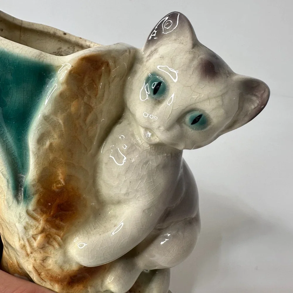 Vintage Ceramic Kitten‎ Cat Tree Stump Planter Vase Hand Painted Royal Copley?
